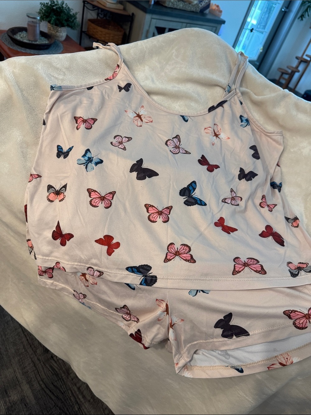 Butterfly Print Pajama Set - Light Pink Camisole & Shorts